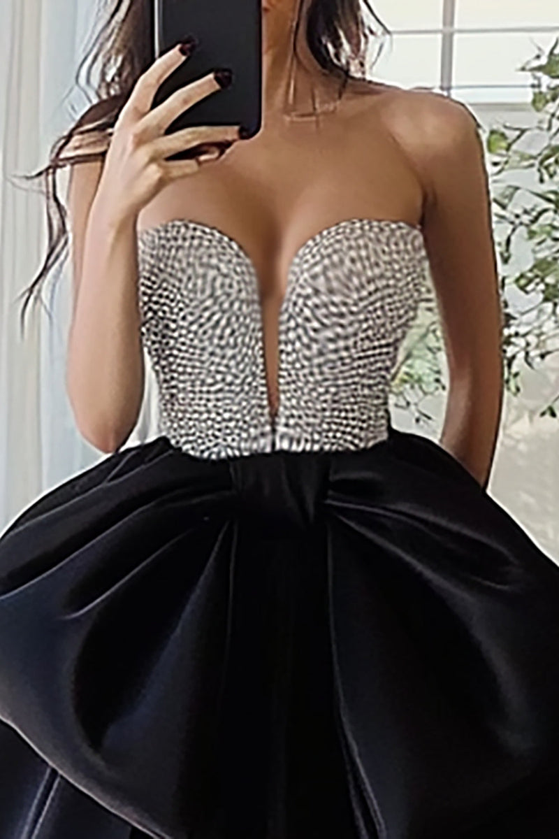 Load image into Gallery viewer, Silver&Black Ball Gown Satin Strapless Long Prom Dress