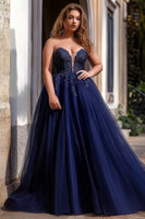Load image into Gallery viewer, Navy A Line Tulle Long Prom Dress with Appliques