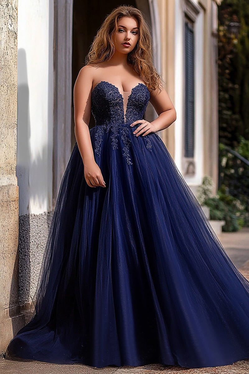 Load image into Gallery viewer, Navy A Line Tulle Long Prom Dress with Appliques