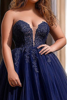 Load image into Gallery viewer, Navy A Line Tulle Long Prom Dress with Appliques