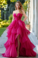 Load image into Gallery viewer, Fuchsia A Line Asymmetrical Tulle Long Prom Dress with Slit