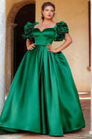 Load image into Gallery viewer, Plus Size Green A Line Satin Long Prom Dress with Puff Sleeves