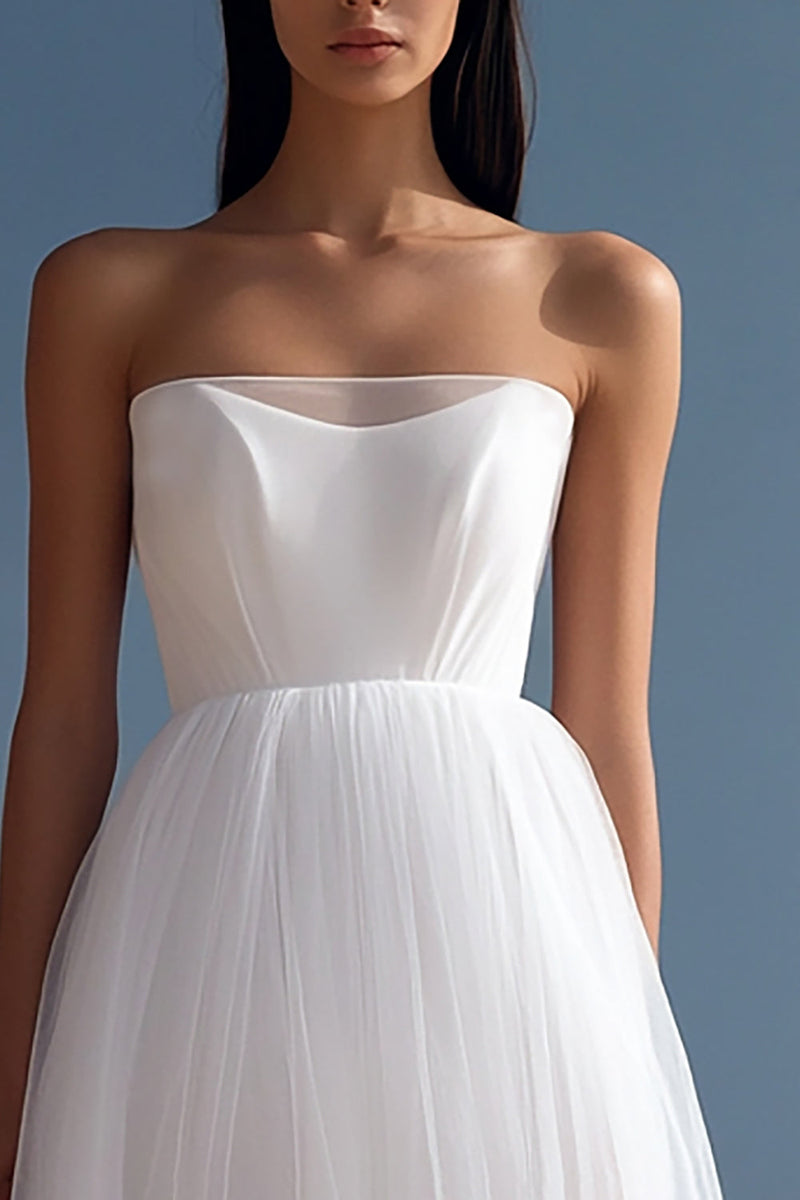 Load image into Gallery viewer, White High-Low Tulle Strapless Graduation Dress