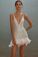 Load image into Gallery viewer, Women Sparkly White Bodycon Sequin Party Dress with Ruffles V-Neck Spaghetti Straps Little White Dress