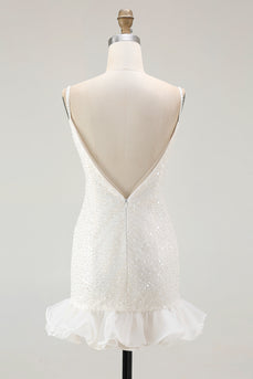 Sparkly White V-Neck Bodycon Short Sequin Party Dress with Ruffles