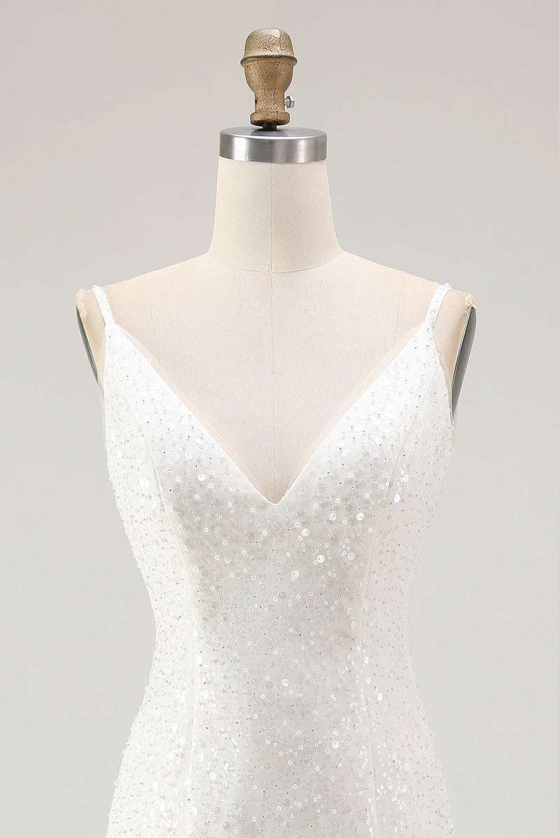 Load image into Gallery viewer, Sparkly White V-Neck Bodycon Short Sequin Party Dress with Ruffles