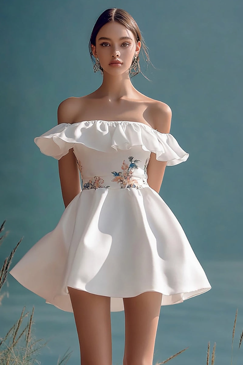 Load image into Gallery viewer, White Mini Satin Off the Shoulder Graduation Dress with Ruffles