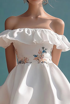 White Mini Satin Off the Shoulder Graduation Dress with Ruffles
