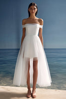 Load image into Gallery viewer, White Tulle High-Low Off the Shoulder Engagement Dress