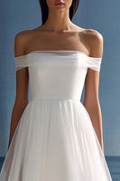Load image into Gallery viewer, White Tulle High-Low Off the Shoulder Engagement Dress
