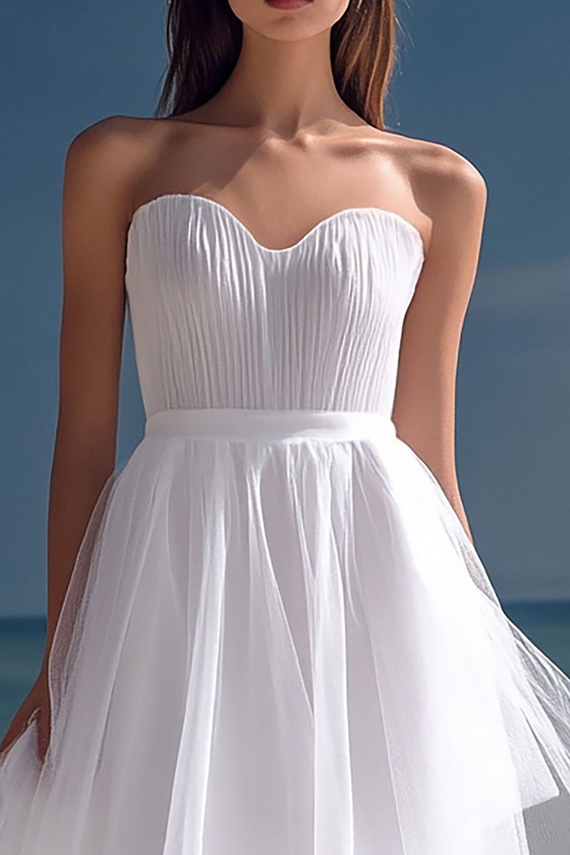 Load image into Gallery viewer, White Organza High-Low Sweetheart Engagement Dress