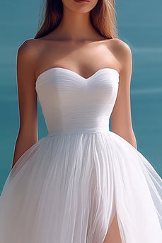 White Tulle A Line Sweetheart Long Engagement Dress with Slit