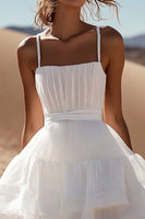 Load image into Gallery viewer, White Organza A Line Spaghetti Straps Pleated Mini Graduation Dress