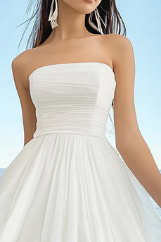White Chiffon Strapless Pleated Midi Graduation Dress