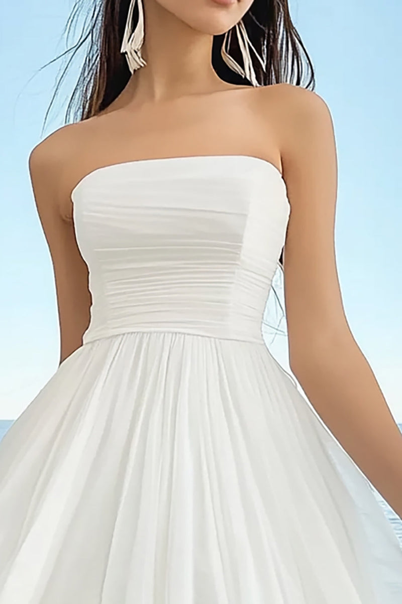 Load image into Gallery viewer, White Chiffon Strapless Pleated Midi Graduation Dress