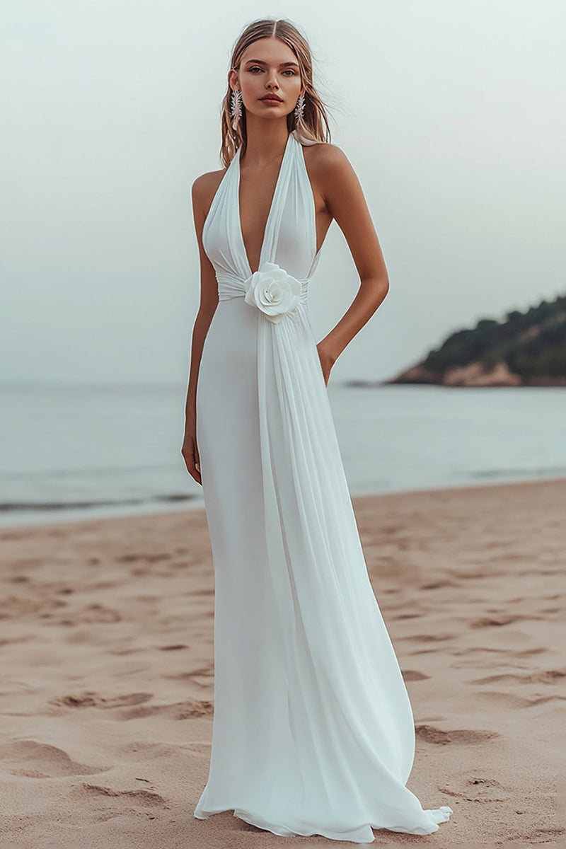 Load image into Gallery viewer, White Chiffon A Line V-Neck Engagement Dress