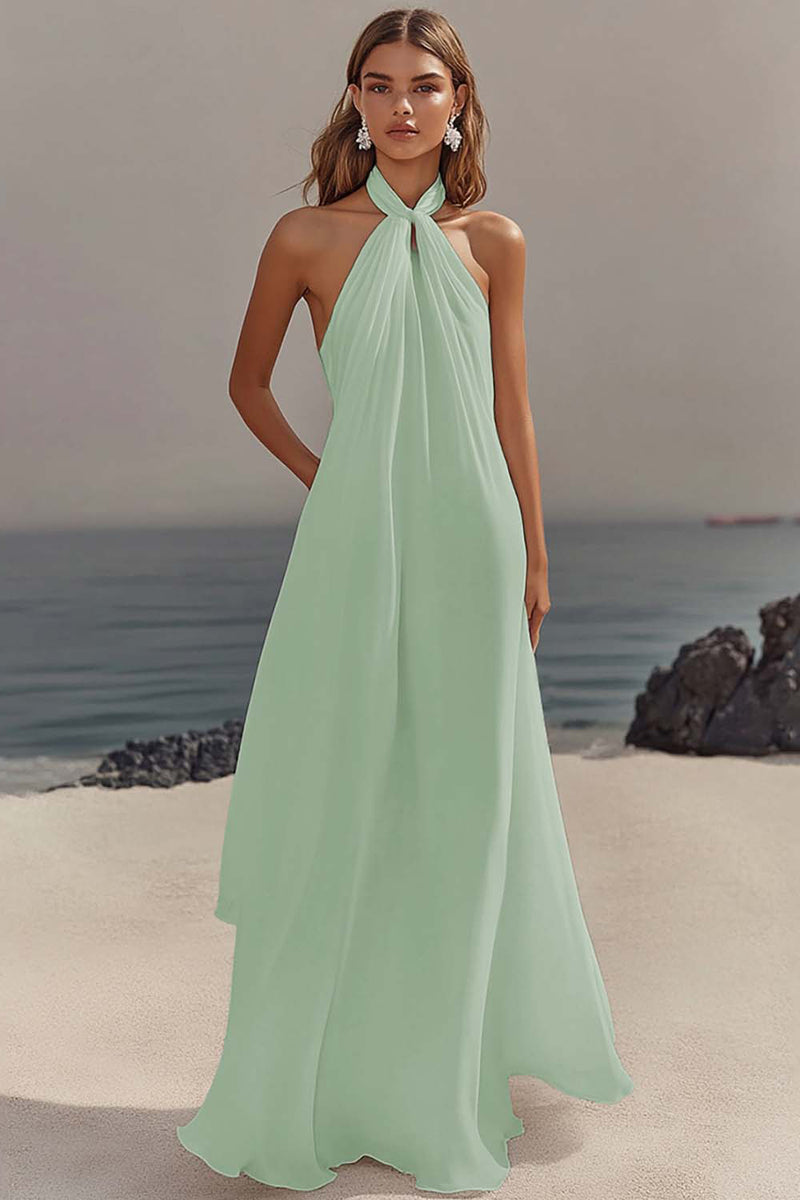 Load image into Gallery viewer, White Chiffon A Line Halter Engagement Dress