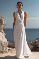 Load image into Gallery viewer, Women White Chiffon Sheath Engagement Dress Ruched V-Neck Sleeveless Long Formal Dress