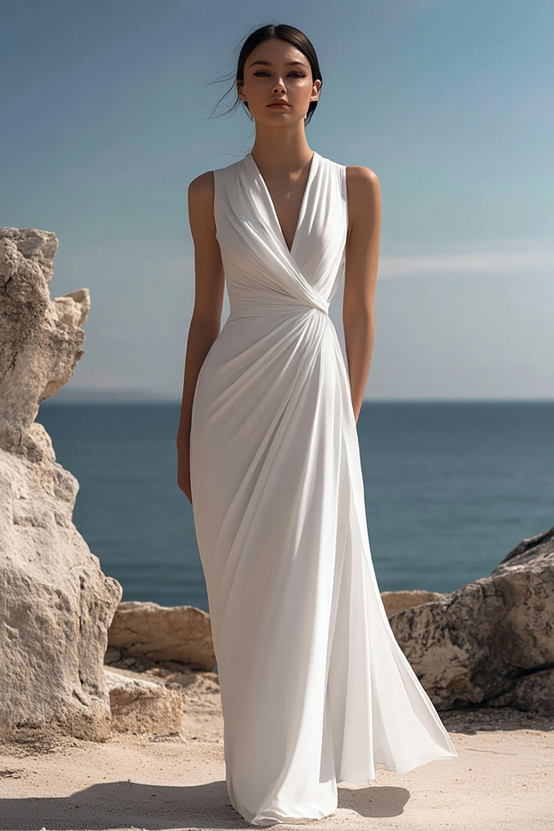 Load image into Gallery viewer, Women White Chiffon Sheath Engagement Dress Ruched V-Neck Sleeveless Long Formal Dress
