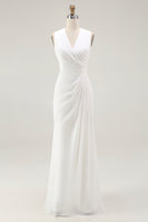 Load image into Gallery viewer, Women White Chiffon Sheath Reception Dress Ruched V-Neck Sleeveless Long Formal Dress