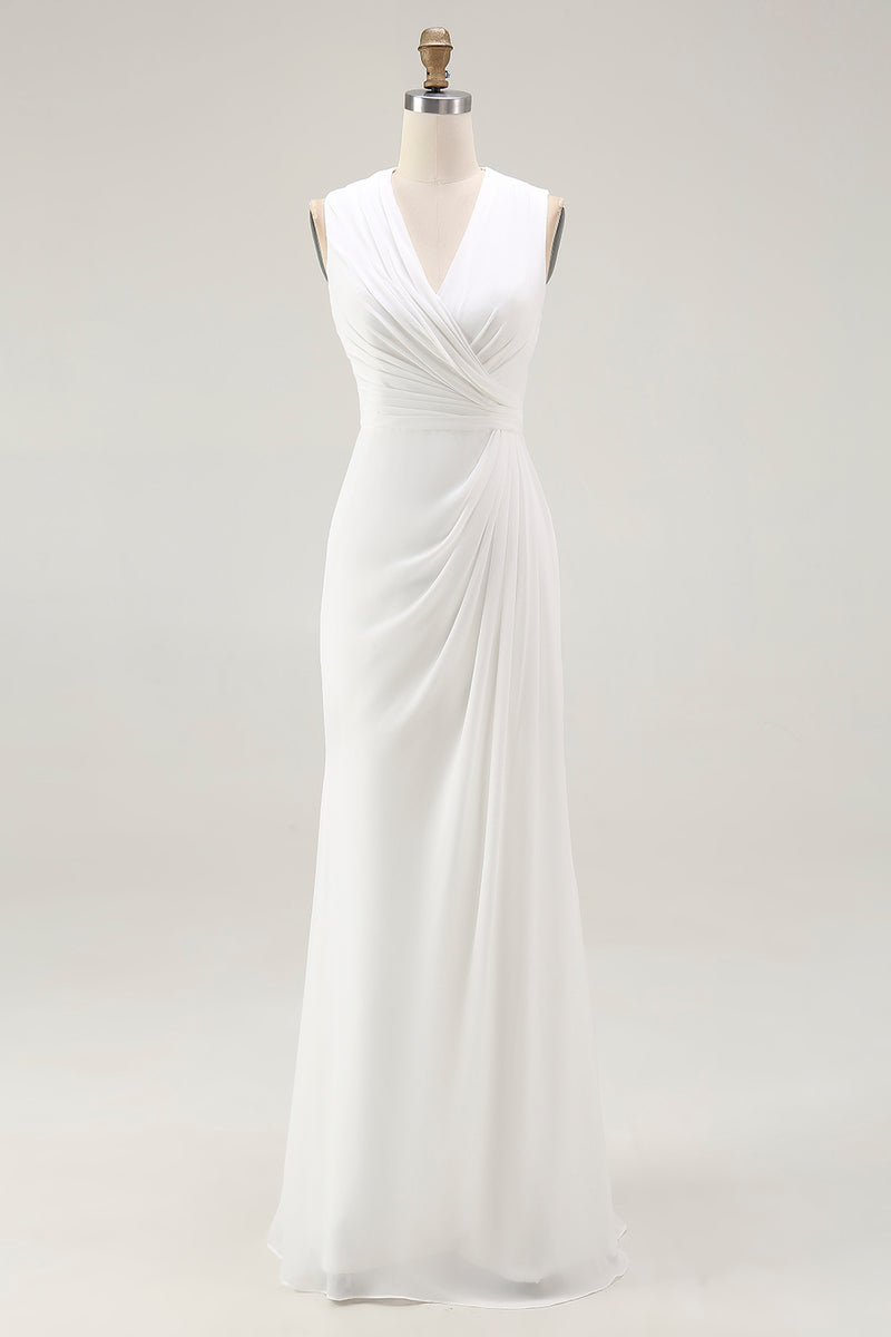 Load image into Gallery viewer, Women White Chiffon Sheath Reception Dress Ruched V-Neck Sleeveless Long Formal Dress