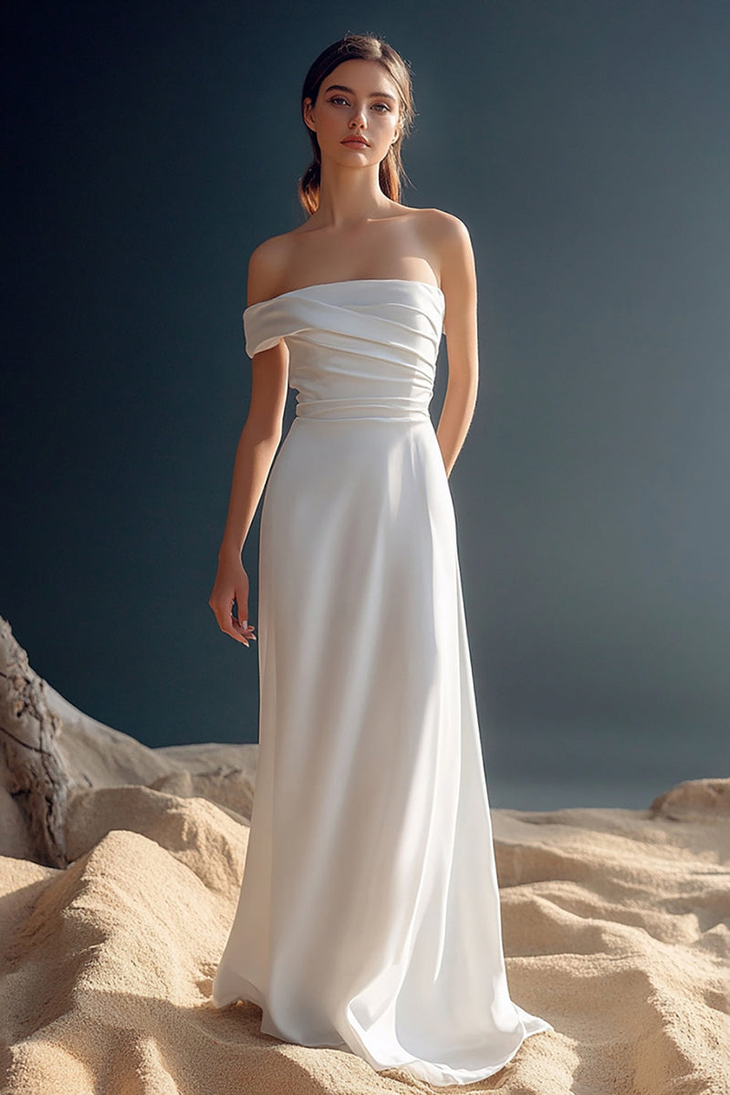 Load image into Gallery viewer, White Satin A Line One Shoulder Ruched Engagement Dress