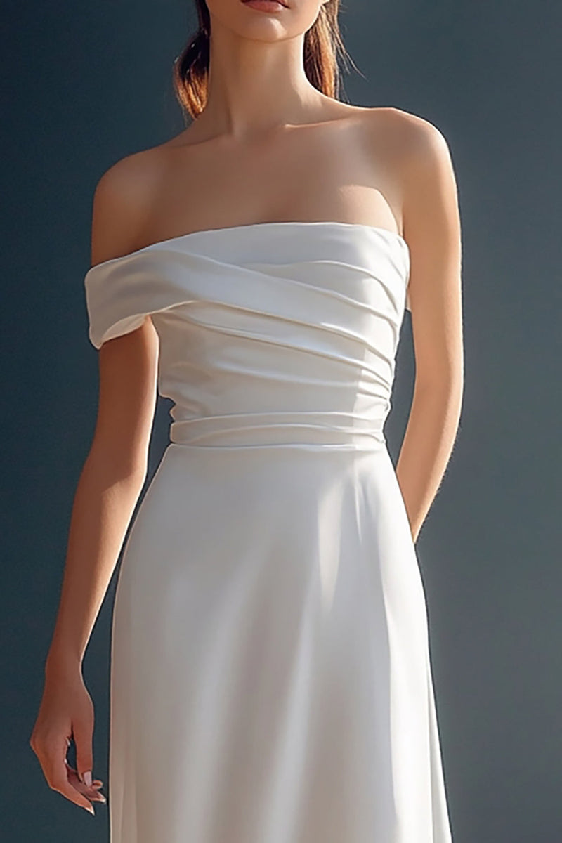 Load image into Gallery viewer, White Satin A Line One Shoulder Ruched Engagement Dress
