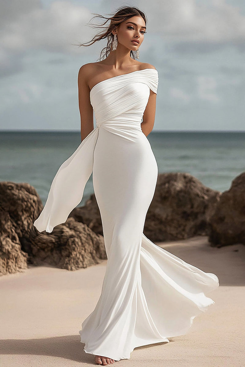 Queendancer Women White Chiffon Mermaid Engagement Dress One Shoulder Ruched Long Formal Dress queendanceruk Queendancer Women White Chiffon Mermaid Engagement Dress One Shoulder Ruched Long Formal Dress queendanceruk