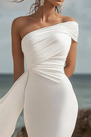 Load image into Gallery viewer, White Chiffon Mermaid One Shoulder Ruched Engagement Dress