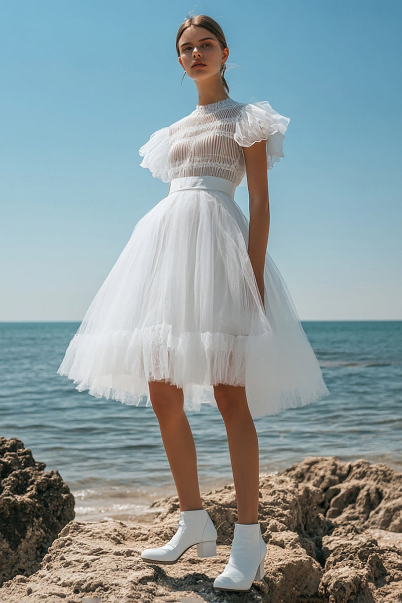 Load image into Gallery viewer, White Tulle Midi Graduation Dress with Ruffles