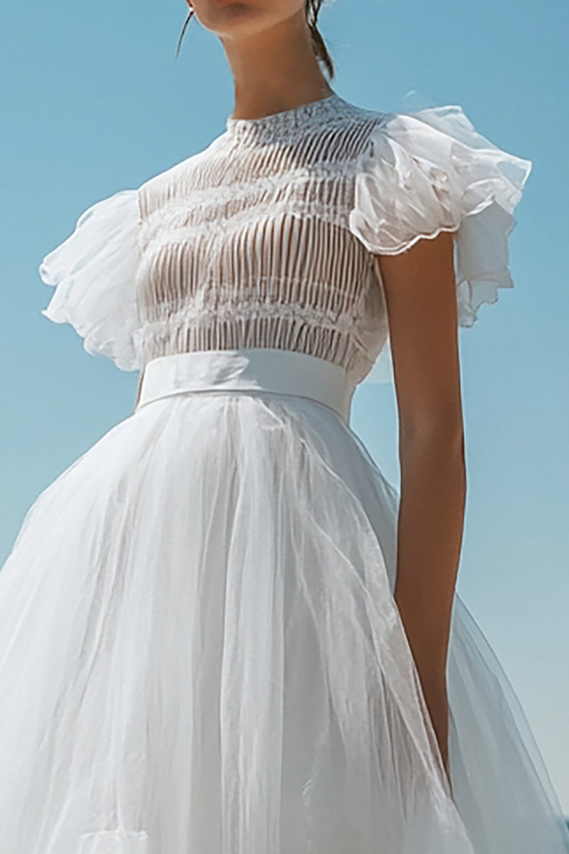 Load image into Gallery viewer, White Tulle Midi Graduation Dress with Ruffles