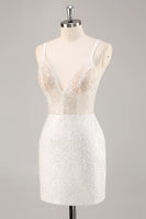 Load image into Gallery viewer, Sparkly White Sequins Mini V-Neck Bridal Shower Dress
