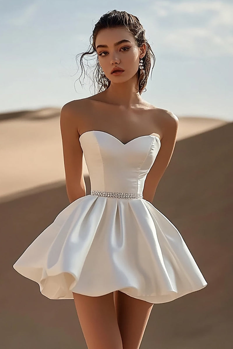 Load image into Gallery viewer, White Satin Sweetheart Mini Graduation Dress