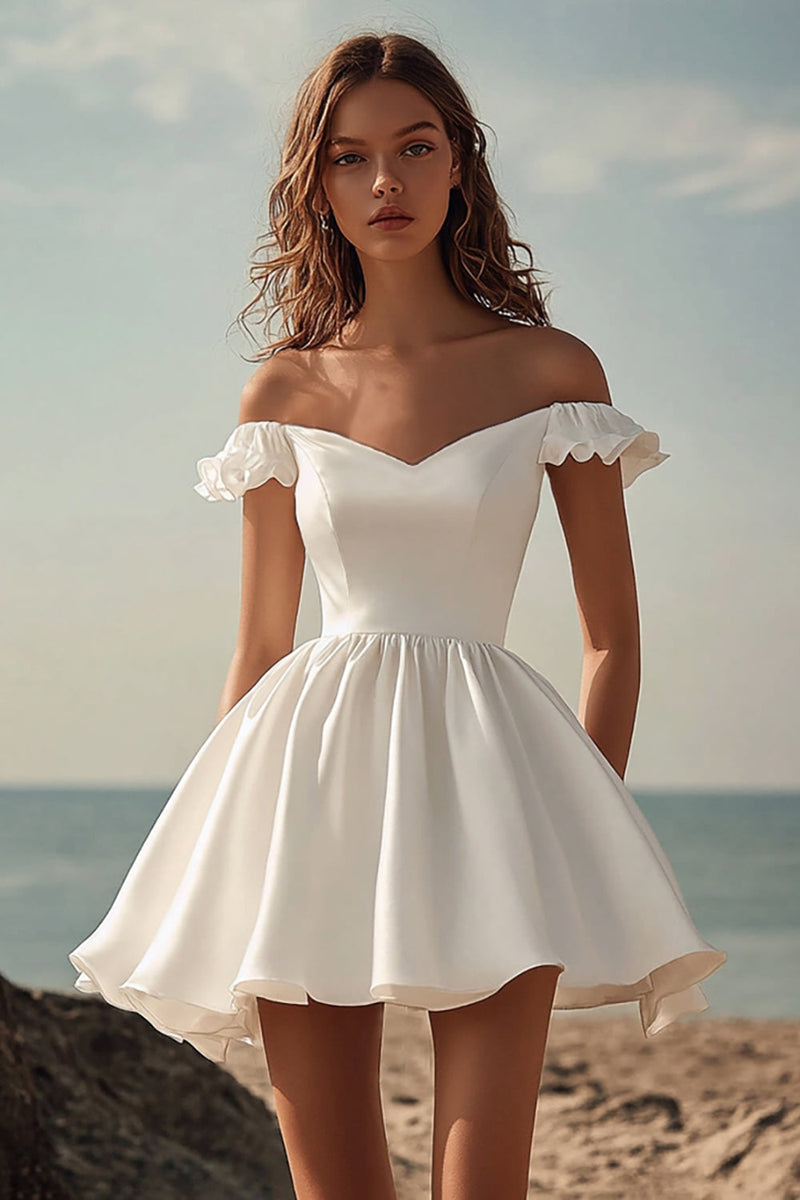 Load image into Gallery viewer, White Satin Midi Off the Shoulder Graduation Dress