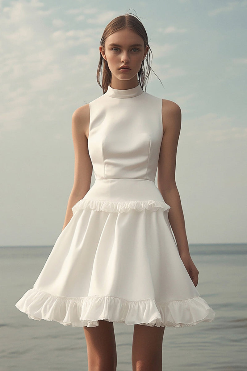Load image into Gallery viewer, White Satin Mini Sleeveless Graduation Dress with Ruffles