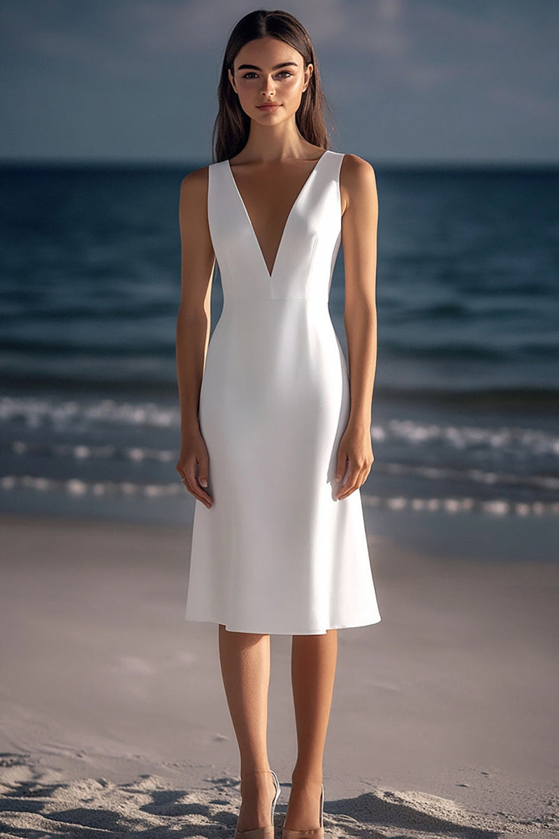 Load image into Gallery viewer, White Satin Sheath V-Neck Graduation Dress