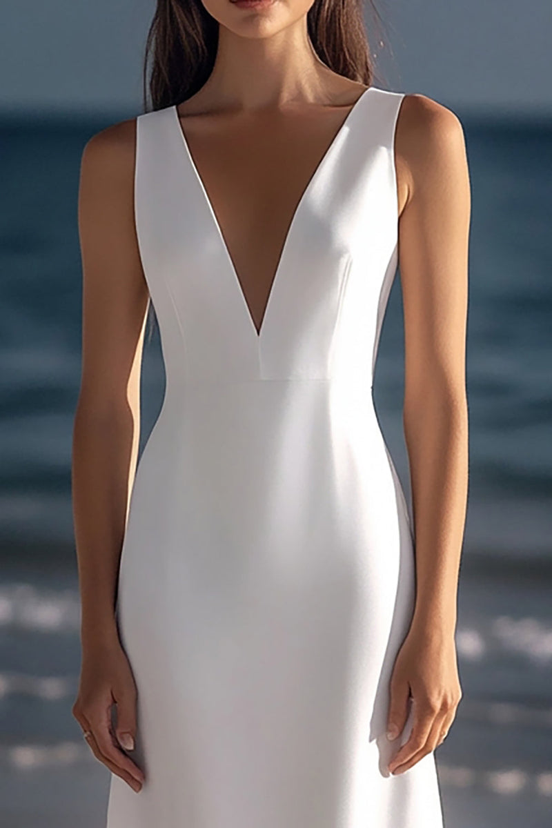 Load image into Gallery viewer, White Satin Sheath V-Neck Graduation Dress