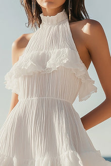Sleeveless Ruffled A Line Little White Dress