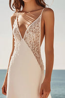 Load image into Gallery viewer, White A Line Deep V-Neck Long Formal Dress wtih Lace