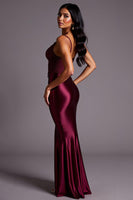Load image into Gallery viewer, Burgundy Sheath Satin V-Neck Long Formal Dress