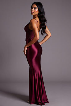 Burgundy Sheath Satin V-Neck Long Formal Dress