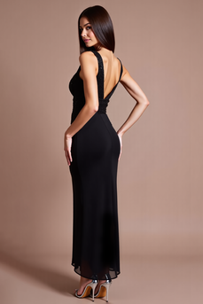 Black Sheath Satin V-Neck Long Formal Dress with Slit