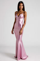Load image into Gallery viewer, Pink Sheath Satin V-Neck Long Formal Dress