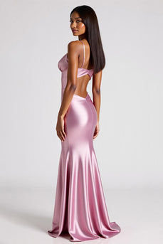 Pink Sheath Satin V-Neck Long Formal Dress