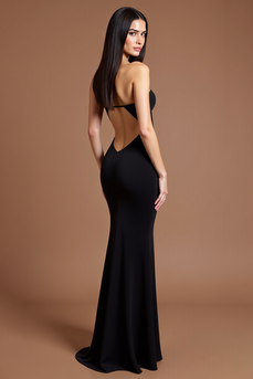 Black Sheath Satin Strapless Long Formal Dress with Slit