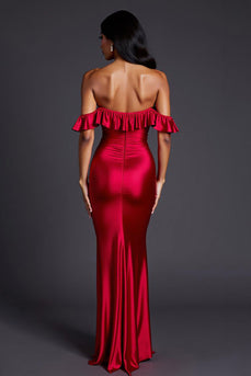Red Sheath Satin Off the Shoulder Ruffled Long Formal Dress with Slit