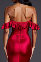Load image into Gallery viewer, Red Sheath Satin Off the Shoulder Ruffled Long Formal Dress with Slit