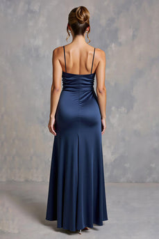 Navy Sheath Satin V-Neck Ruched Long Formal Dress with Slit