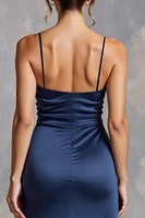 Load image into Gallery viewer, Navy Sheath Satin V-Neck Ruched Long Formal Dress with Slit