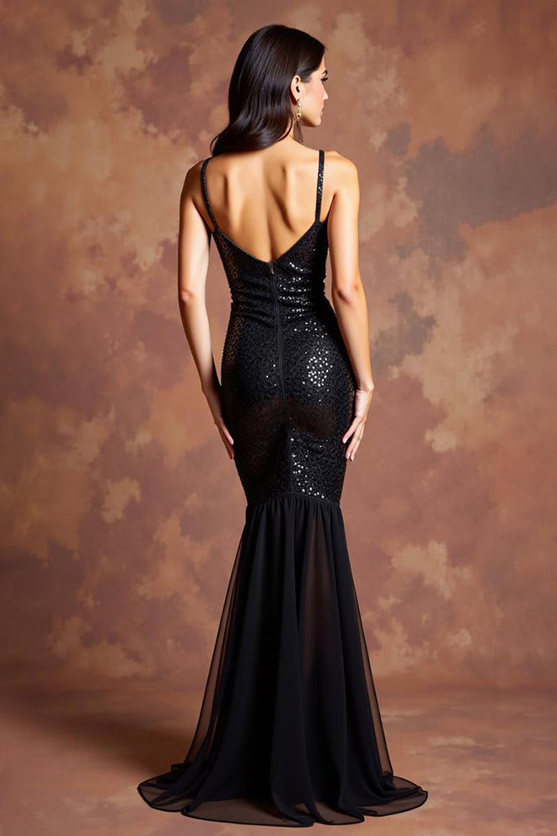 Load image into Gallery viewer, Sparkly Black Sheath Sequins V-Neck Long Formal Dress with Slit
